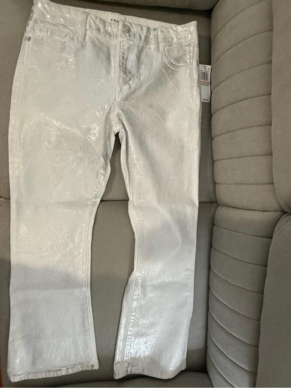 FRAME LeCrop MiniBoot Jeans 28 ChromeBlanc SilverFoilMetallic Mid-Rise Boot $278